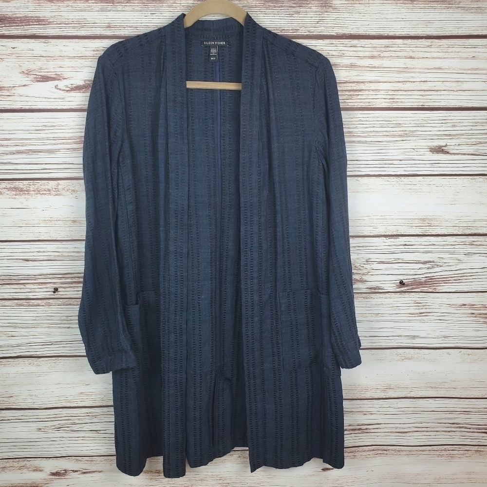 Eileen Fisher Womens XS Navy Blue "Indigo" Textured Stripe Linen Jacket